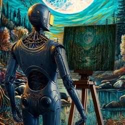 The Future of Visionary Art in an Era of Ai | Psychedelic Café 11 robot painting a psychedelic nurture landscape but it looks like the matrix