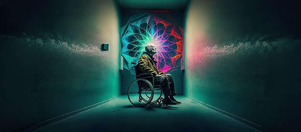 a man in a wheelchair having a psychedelic vision, jungian psychosis