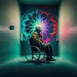 a man in a wheelchair having a psychedelic vision, jungian psychosis