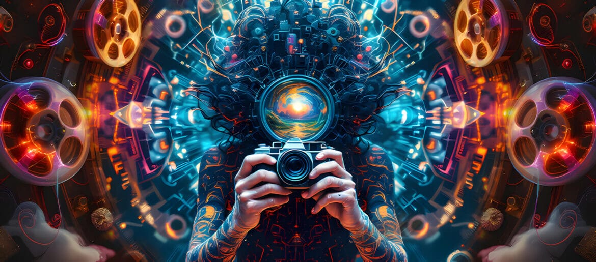 Tripping into Post-Scarcity: AI, Psychedelics, and the Future of Filmmaking | Jeffery Lando ~ ATTMind 192 A man holding a camera with trippy mandala background, attmind podcast psychedelic filmmaking