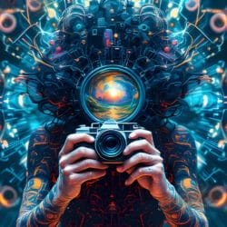 A man holding a camera with trippy mandala background, attmind podcast psychedelic filmmaking