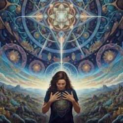Psychedelics in Research & Practice | James W. Jesso ~ ATTMind Podcast 200 Visionary psychedelic landscape with sacred-geometry mandala over a starry sky; woman centered with hands to chest, mountains and fly agaric mushrooms in foreground—feature image for Adventures Through The Mind podcast episode 200 with James W. Jesso on psychedelics (psilocybin, DMT, MDMA, ibogaine, ketamine), consciousness, and healing.