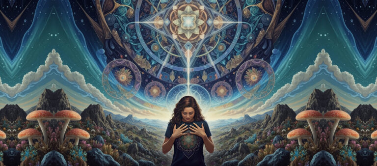Visionary psychedelic landscape with sacred-geometry mandala over a starry sky; woman centered with hands to chest, mountains and fly agaric mushrooms in foreground—feature image for Adventures Through The Mind podcast episode 200 with James W. Jesso on psychedelics (psilocybin, DMT, MDMA, ibogaine, ketamine), consciousness, and healing.