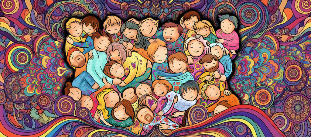 How To Host An MDMA Group Roll | Charley Wininger – ATTMind Podcast 203 Psychedelic, hand-drawn scene of dozens of people cuddled together in a unified, heart-centered group embrace, surrounded by swirling rainbow fractals and vibrant cosmic patterns, representing the emotional warmth and collective connection of an MDMA group roll.