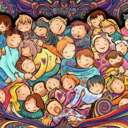 Psychedelic, hand-drawn scene of dozens of people cuddled together in a unified, heart-centered group embrace, surrounded by swirling rainbow fractals and vibrant cosmic patterns, representing the emotional warmth and collective connection of an MDMA group roll.