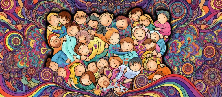 Psychedelic, hand-drawn scene of dozens of people cuddled together in a unified, heart-centered group embrace, surrounded by swirling rainbow fractals and vibrant cosmic patterns, representing the emotional warmth and collective connection of an MDMA group roll.