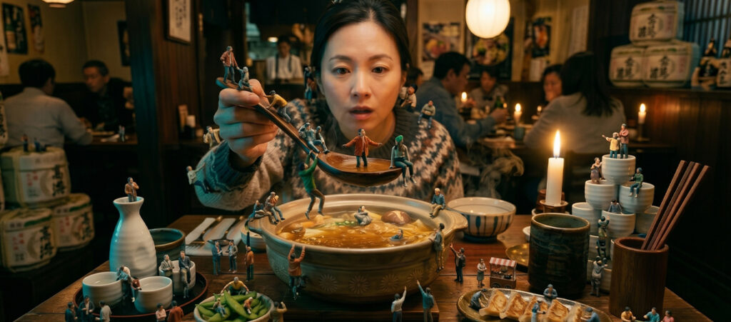 The Food Mushroom That Makes You See Little People | Colin Domnauer ~ ATTMind 208 A woman sits at a dimly lit Asian restaurant, holding chopsticks over a bowl of hot soup, as dozens of tiny, hyper-realistic miniature people crowd her hands, utensils, tabletop, and surrounding dishes — a visual representation of Lilliputian hallucinations caused by the psychoactive bolete mushroom Lanmaoa asiatica. Candles, sake cups, and edamame share the table with the miniature figures, creating a surreal but grounded scene evoking the documented phenomenon of seeing small people after eating undercooked hallucinogenic mushrooms in Yunnan, China.