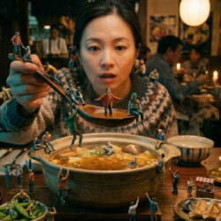 The Food Mushroom That Makes You See Little People | Colin Domnauer ~ ATTMind 208 A woman sits at a dimly lit Asian restaurant, holding chopsticks over a bowl of hot soup, as dozens of tiny, hyper-realistic miniature people crowd her hands, utensils, tabletop, and surrounding dishes — a visual representation of Lilliputian hallucinations caused by the psychoactive bolete mushroom Lanmaoa asiatica. Candles, sake cups, and edamame share the table with the miniature figures, creating a surreal but grounded scene evoking the documented phenomenon of seeing small people after eating undercooked hallucinogenic mushrooms in Yunnan, China.