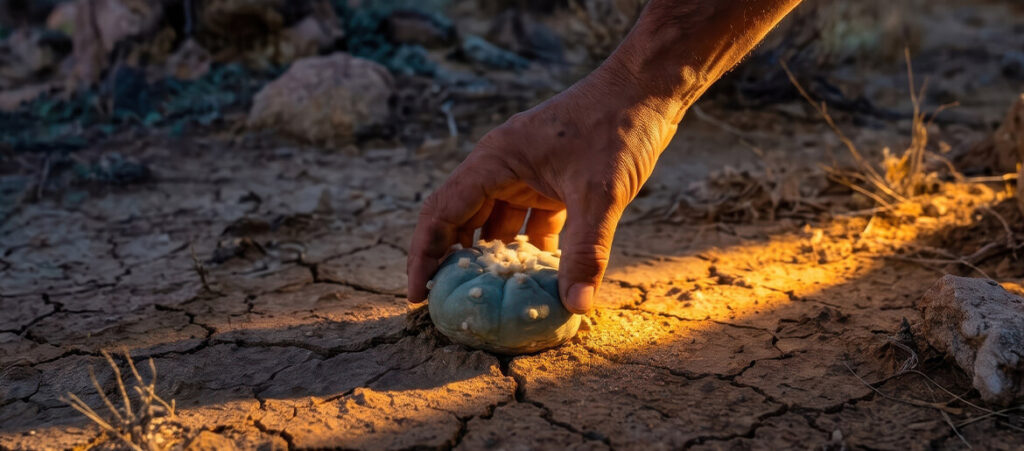 Peyote Is Disappearing (and the Law Designed to Protect It Is Part of Why) | Leonardo Mercado, The Peyote Lorax ~ ATTMind 209 A hand reaching toward a peyote cactus growing in cracked desert earth, golden light illuminating the plant from below