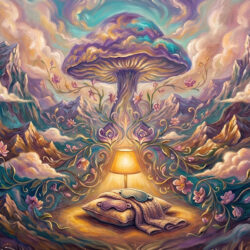 Psilocybin therapy session setting with eye shades, blanket and lamp in a painted psychedelic mushroom landscape