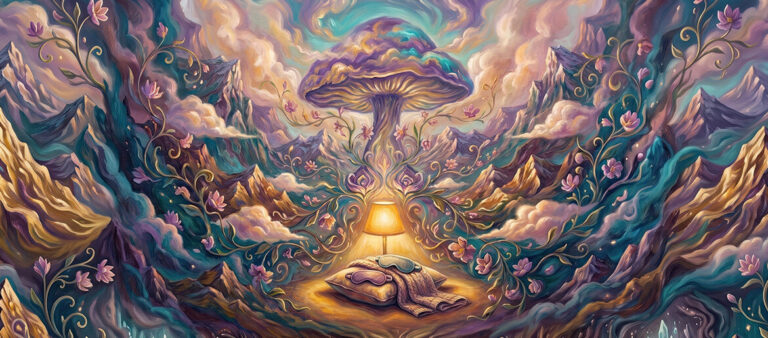 Psilocybin therapy session setting with eye shades, blanket and lamp in a painted psychedelic mushroom landscape