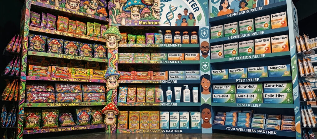 The State Of The Psychedelic Renaissance | Shelby Hartman ~ ATTMind 211 Store shelves split between cartoon mushroom snacks and clinical wellness branding, the two faces of the psychedelic renaissance.