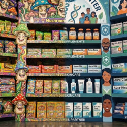 Store shelves split between cartoon mushroom snacks and clinical wellness branding, the two faces of the psychedelic renaissance.