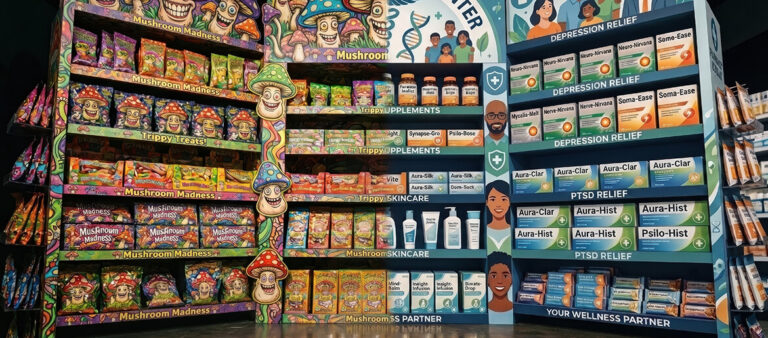 Store shelves split between cartoon mushroom snacks and clinical wellness branding, the two faces of the psychedelic renaissance.