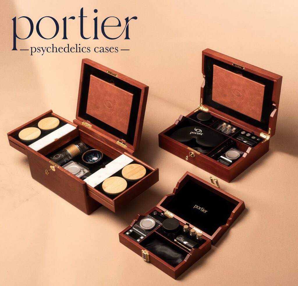 Three open Portier Supplies psychedelic cases, the Ceremonybox for mushroom tea and Portalbox for DMT, showing scales, vials, and jars
