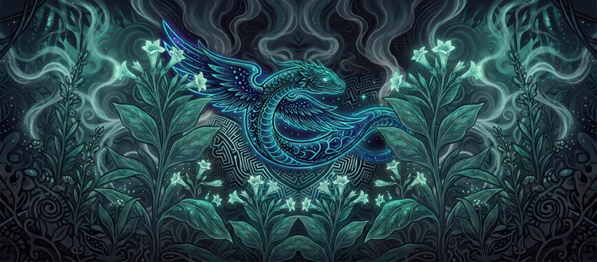 What Sacred Tobacco Asks of You | Jason Grechanik ~ ATTMind 213 Sacred tobacco illustration for Adventures Through The Mind episode 213 with tabaquero Jason Grechanik: a glowing winged serpent of light rises among flowering Nicotiana rustica (mapacho) plants, wrapped in smoke and Amazonian geometric patterns.