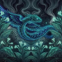 What Sacred Tobacco Asks of You | Jason Grechanik ~ ATTMind 213 Sacred tobacco illustration for Adventures Through The Mind episode 213 with tabaquero Jason Grechanik: a glowing winged serpent of light rises among flowering Nicotiana rustica (mapacho) plants, wrapped in smoke and Amazonian geometric patterns.